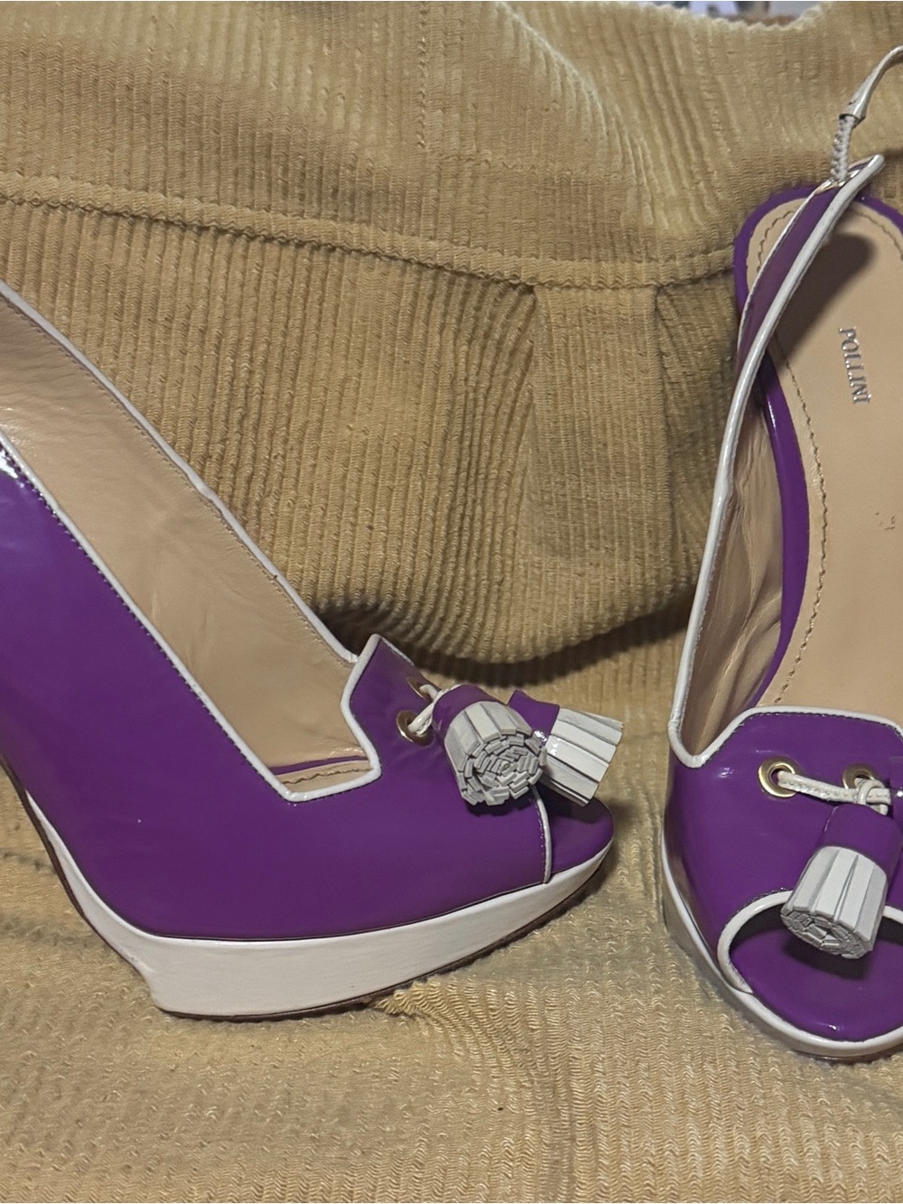 Pollini Purple and White Tassel Peep-Toe Wedge Sandals